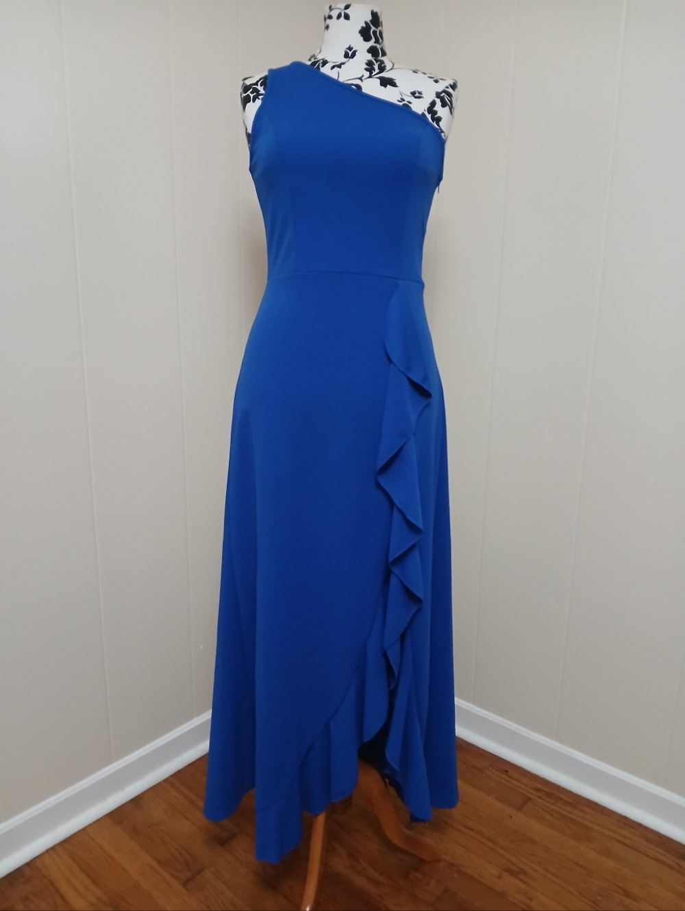 One-Shoulder Royal Blue Ruffle Maxi Dress - Picture 2 of 10